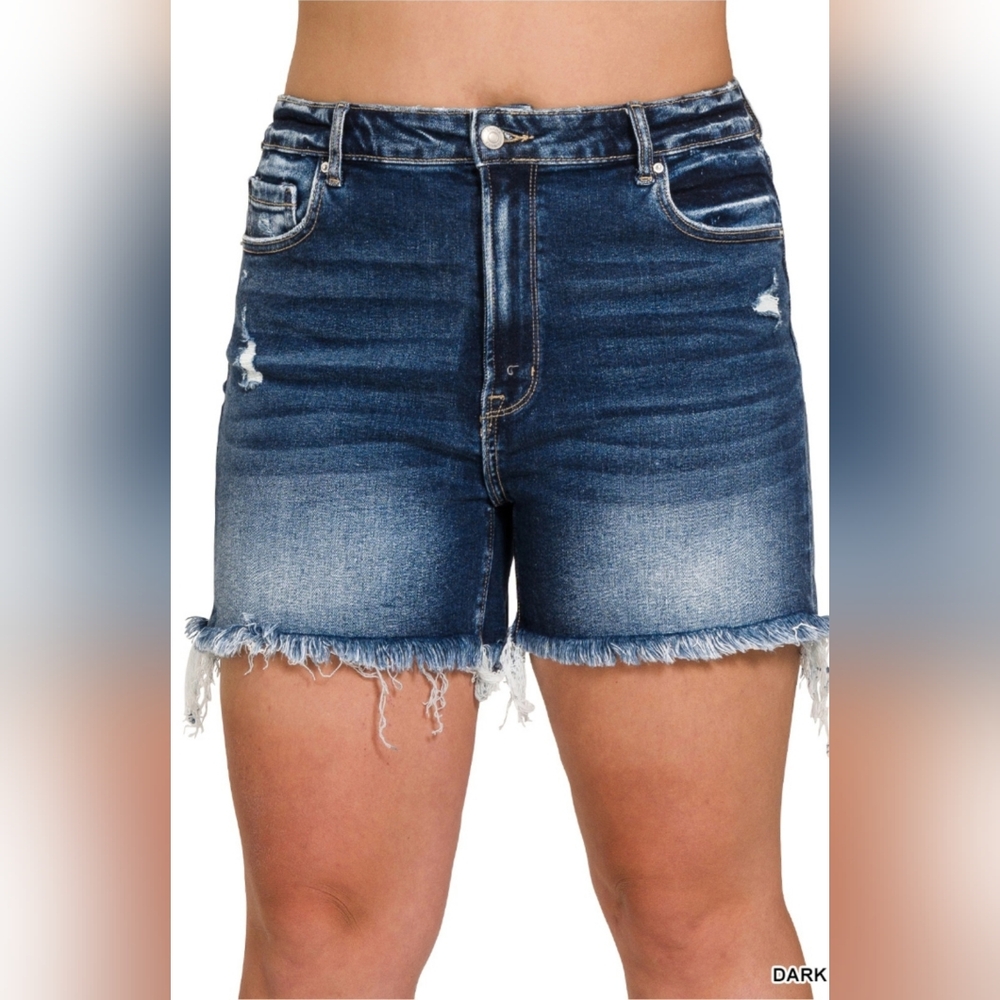 1X Zenana Outfitters Dark Blue Distressed Denim Jean Shorts